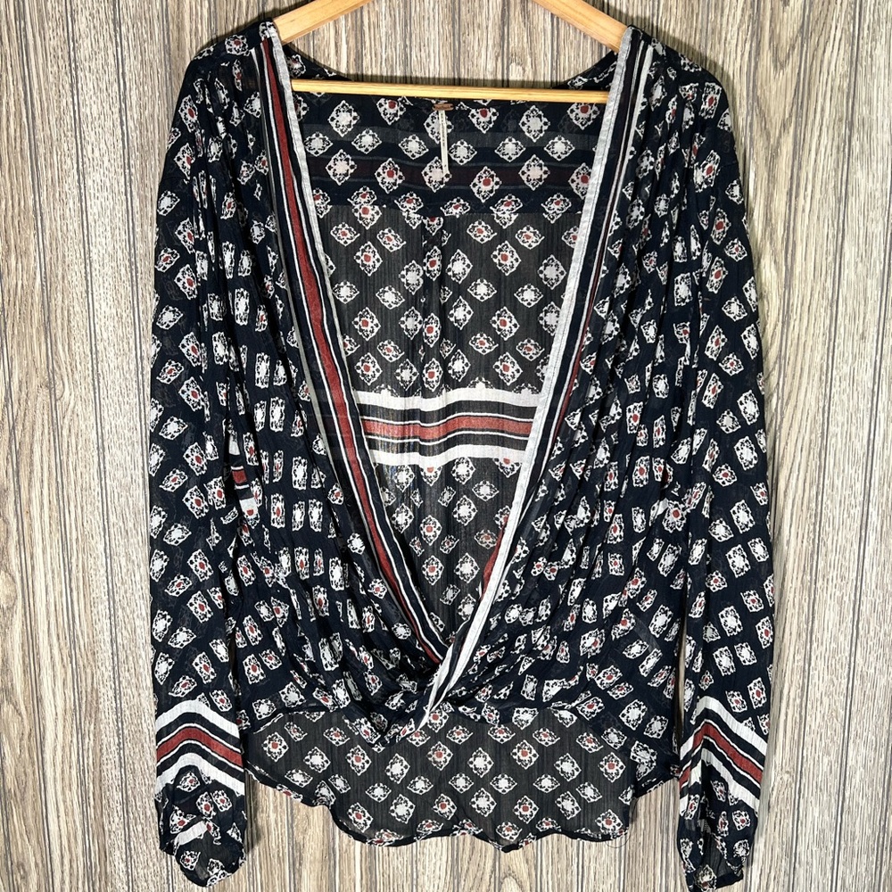Free People Black White Red Striped Pattern Sheer Wrap Long Sleeve Blouse
